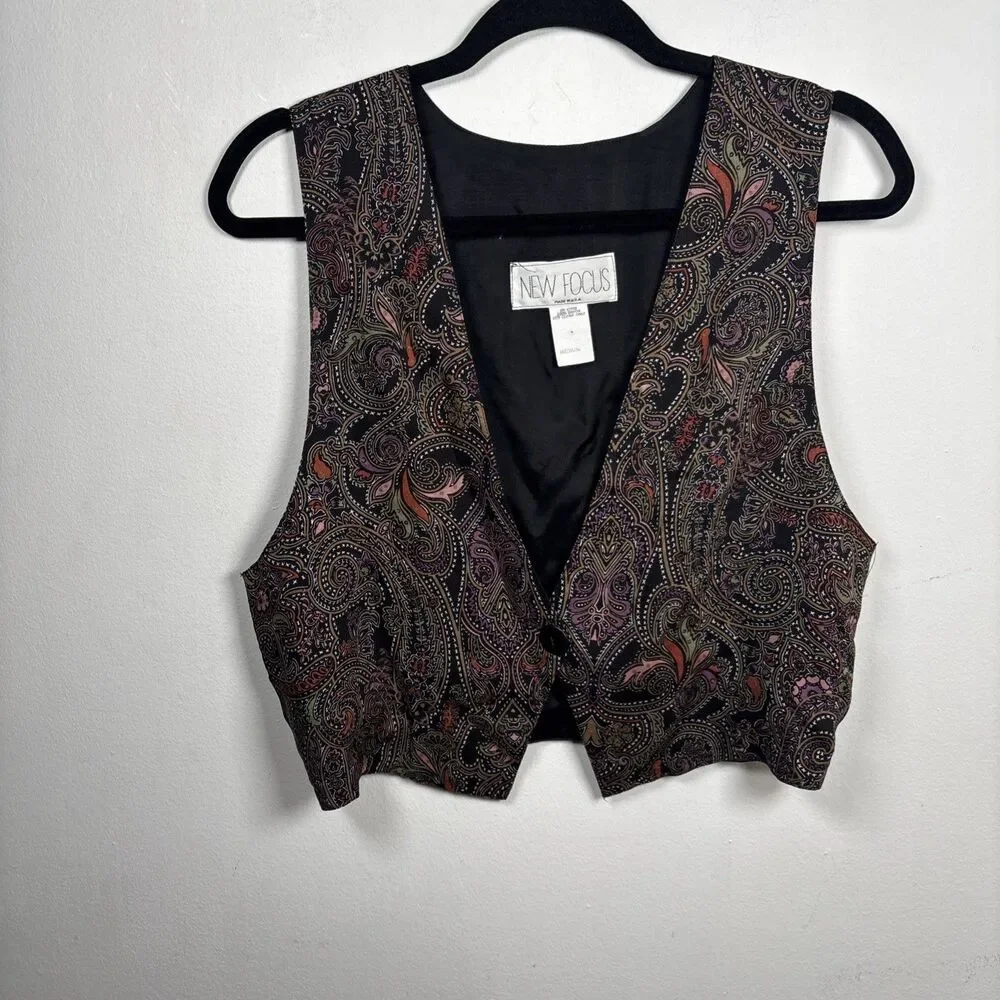 Vintage Retro Paisley Vest Women’s M 100% Rayon Made USA Button Front 90s Boho
